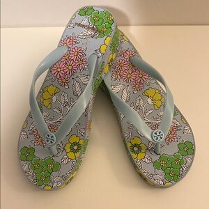 Tory Burch Floral Flip Flops with Light Blue Straps